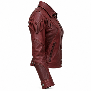 <b>Womens</b> Burgundy Fringe Real Leather <b>Jacket</b> Western Style Cropped <b>Tassel</b> Snap Coat Factory Odm - Product Image 3