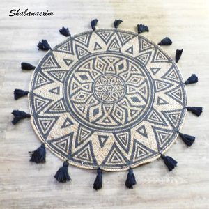 Eco-Friendly Braided Jute <b>Rug</b> with <b>Black</b> Tassel Indian Natural Hand Knotted Round Carpet Jute Floor Mat with Different Style - Product Image 1