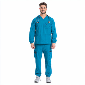 Tenues d'infirmiers d'hôpital, ensembles de blouses et pantalons cargo en tricot écologiques à col en V et manches longues pour hommes - Product Image 1