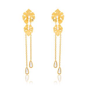 Elegant 14K Gold Finish Long <b>Dangle</b> <b>Earrings</b> with Intricate Floral Motifs Brilliant Lab Grown Accents and Double Chain - Product Image 1