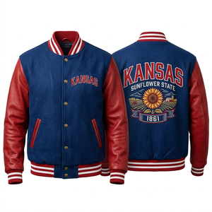 Veste universitaire Kansas pour homme, bleu et rouge, manches en cuir, broderie Sunflower State 1861, style preppy, vêtement d'automne - Product Image 1