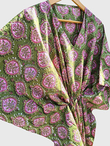 Women's Green Paisley Print <b>Kimono</b> Robe V Neck Short Sleeve <b>Vintage</b> Full Length Woven Cover Up - Product Image 4
