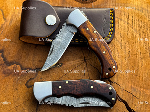 UA Supplies Hand Forged Damascus Steel 6.5-Inch Industrial Grade Folding Pocket <b>Knife</b> Clip Point Blade Wood <b>Handle</b> OEM - Product Image 6