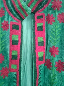 Elegant <b>Women</b> Green <b>Velvet</b> Suzani Long <b>Jacket</b> Floral Embroidered Full Sleeve Stand Collar Bohemian Ethnic Style Winter Outerwear - Product Image 3