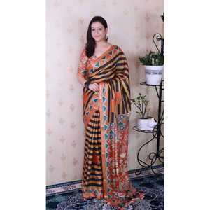 Sari de Seda Tussar Naranja Suave con Estampado de Rayas y Zari Tejido, Elegante Bufanda y Chal Tradicional Indio de Elite Weaves - Product Image 6