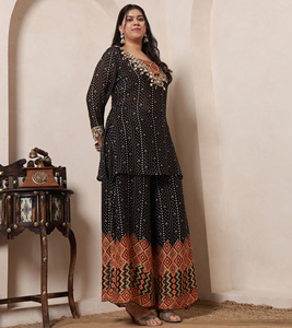 DEEBACO Women's Bandhani Print Pure Viscose Chinnon Full Length Crop Top with Tunic & Sharara Cord <b>Set</b> For Women Fashion Western - Product Image 3