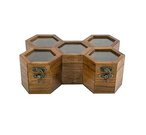 Boîte à épices en bois 100% naturel, accessoires de cuisine, boîte à herbes et épices à 5 compartiments, outils pour herbes et épices - Product Image 1