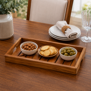 Premium Teak Wood Serving Tray | Handmade Rectangular Wooden Platter for Tea Coffee Snacks Breakfast Dining <b>Table</b> Home Decor - Product Image 2
