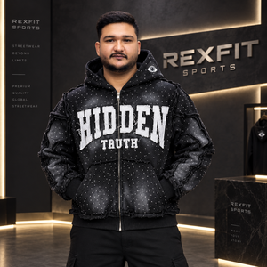 REXFIT SPORTS Sweat à capuche zippé pour homme Hidden Truth, coupe oversize, style streetwear, noir, en polyester FRENCH TERRY, pour l'automne - Product Image 1