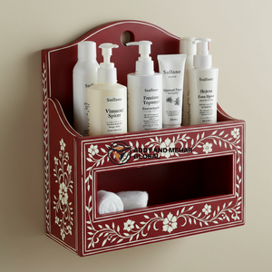 ที่เก็บของติดผนังห้องน้ำสีแดง – ชั้นวางไม้ดีไซน์สวยสำหรับใช้ในห้องน้ำและโต๊ะเครื่องแป้ง - Product Image 6