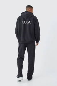<b>Mens</b> Solid Black Custom Logo <b>Pullover</b> Hoodie with Drawstrings and Matching Lace-Up Hem Jogger Sweatpants Tracksuit OEM ODM - Product Image 2