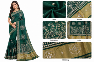 Emerald <b>Green</b> <b>Silk</b> Saree With Gold Embroidery Traditional Indian Wedding Wear For Women Floor-Length Regular Fit - Product Image 5