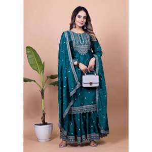 Conjunto Mujer Diseñador Sharara Suit y Dupatta con Secuencia Bordada Trabajo - Product Image 3