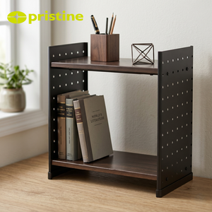 Étagère à livres minimaliste noire à double niveau en métal, réglable en hauteur, de type sur pied, pour le rangement dans le salon ou sur le bureau - Product Image 4