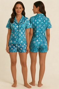 Ensemble de pyjama à manches courtes pour femmes, imprimé géométrique, avec col rabattu, fermeture à boutons, vêtements de nuit d'été - Product Image 1