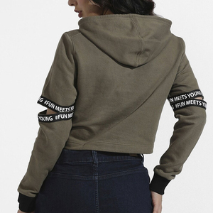 OEM Premium Quality Winter Women's 100% Cotton Fleece Long Sleeve Front Hooded Pocket Solid Color <b>Crop</b> <b>Top</b> Streetwear Hoodie - Product Image 3