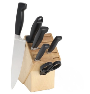 Ensemble de couteaux de cuisine à lame argentée avec manches noirs, bloc en bois marron clair, cisailles et aiguiseur pour trancher, couper et préparer les aliments - Product Image 2