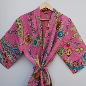 Bata Kimono de Algodón 100% con Estampado de Bloques de Dibujos Animados Naaz Textile para Mujer, Suave y Transpirable, Camisón de Verano Hecho a Mano, Cuello en V Elástico, ODM - Product Image 1