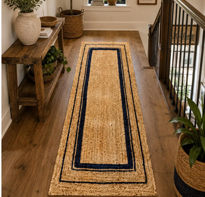 Natural Tan Handwoven Jute <b>Runner</b> <b>Rug</b> Blue Border Boho Farmhouse Hallway Entryway Custom Size Neutral Floor <b>Runner</b> Carpet - Product Image 1
