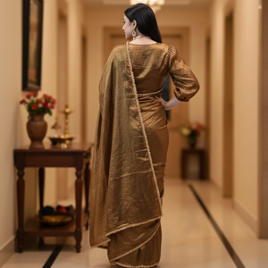 Sari de seda dorada pre-cosido, listo para usar en un minuto, con blusa cosida. | Vestidos Elegantes para Fiestas y Bodas para Mujer - Product Image 5