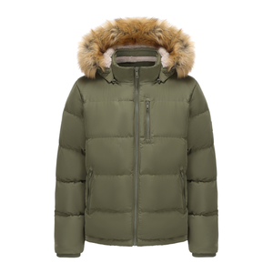 OEM Wholesale Men's Navy Blue Hooded Puffer Jacket with <b>Fur</b> <b>Trim</b> Windproof Down Filled Zipper Closure Casual Winter Coat - Product Image 2
