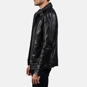 Men's Genuine Leather Moto <b>Jacket</b> <b>Slim</b> <b>Fit</b> Black Zipper Closure Stand Collar Regular Length Autumn Style - Product Image 2