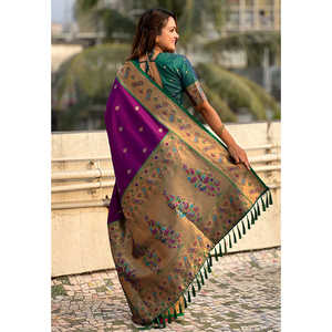 Sari de Seda Tiny Nath Meenakari Yeola Paithani, Color Vino, Tejido con Zari, Elegante, para Fiestas, para Todas las Temporadas - Product Image 4