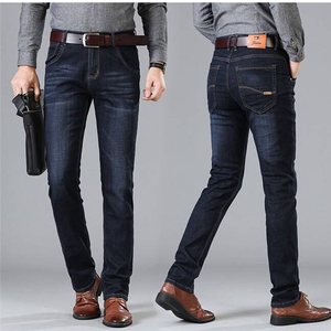 กางเกงยีนส์เดนิมสีน้ำเงินเข้มทรงปกติผ้าฝ้ายสำหรับผู้ชาย สตรีทแวร์ กางเกงยีนส์ยืดทรงตรงลำลองสำหรับผู้ชาย สีพื้นย้อมสี - Product Image 4