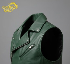 Gilet de motard en cuir vert pour homme Champ King, style moto, col rabattu, fermeture éclair, vêtement d'extérieur pour l'automne - Product Image 2