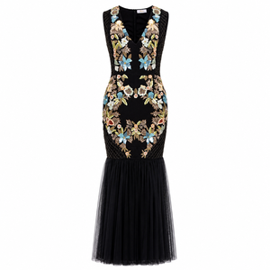 Elegante Vestido de Noche Negro Bordado Estilo Sirena |   Cuello en V profundo sin mangas hasta el suelo |   Vestido de Fiesta con Malla de Lentejuelas para Mujer - Product Image 3