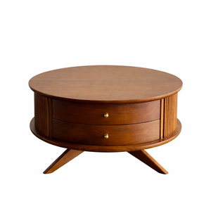 Luxury Teak Wood Modern Design Durable Idul Round Coffee <b>Table</b> Accent <b>Table</b> with 2 Drawers for Stylish Home Furniture Storage - Product Image 1