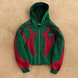 Découvrez le sweat à capuche zippé Impex pour homme, vert et rouge, style color block, coupe oversize, streetwear décontracté, en molleton, manches classiques, collection automne - Product Image 1