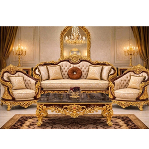 Juego de Sofás de Madera Tallada en Oro Real con Tapicería de Lujo, Muebles de Sala de Estar de Madera Tallada a Mano de Primera Calidad, Diseño de Juego de Sofás para Sala de Estar, Hecho en EE. UU. - Product Image 1