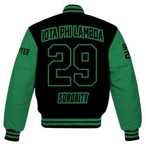 Chaqueta Universitaria Personalizada Iota Phi Lambda para Mujer, Chaqueta Bomber con Letras y Números Bordados en Negro y Verde - Product Image 6