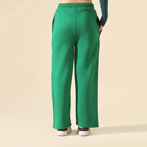 Pantalon large en molleton vert pour femme, taille haute élastique, coupe ample, longueur intégrale, couleur unie, avec poches, pour l'automne - Product Image 2