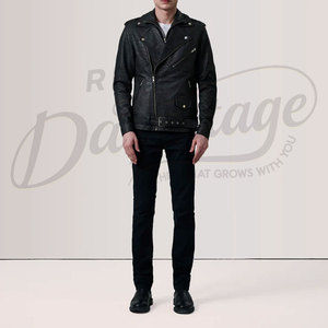 เสื้อแจ็คเก็ตหนังแท้สีดำสำหรับผู้ชาย รุ่นพรีเมียม สไตล์ไบค์เกอร์  ปกเสื้อแบบคลาสสิก ทรงเข้ารูป สไตล์วินเทจ สำหรับขี่มอเตอร์ไซค์  เสื้อโค้ทลำลอง - Product Image 5