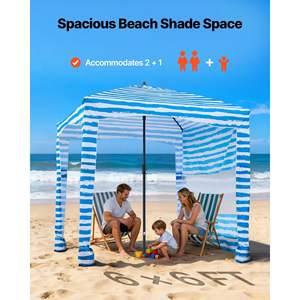 Blue Striped 6 X 6 ft Beach Cabana Tent Portable UPF 50+ <b>Sun</b> Shelter Umbrella Easy Setup Sand Pockets <b>Canopy</b> for Whole Family - Product Image 2