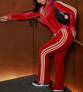 <b>Women</b> Tracksuit Set Full Length Flare Pants Side Pockets Striped Design Hooded Zipper <b>Jacket</b> Casual Wear Autumn Style Washed - Product Image 4