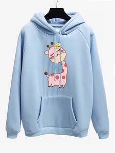 Sudadera con Capucha Personalizada para Mujer, Diseño Gráfico Azul, Estampado de Jirafa y Flores, Felpa de Algodón, Bolsillo Tipo Canguro, OEM - Product Image 1