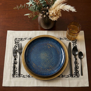 Custom Wholesale Luxury Embroidered Black Floral <b>Placemats</b> Napkins Sets White Linen Trays Thin Washable Reusable Home - Product Image 2