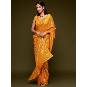 Lovely Honey Yellow Lentejuelas Georgette Party Wear Saree - Product Image 5