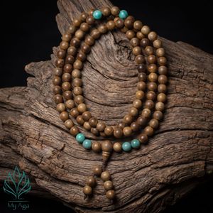 Nouveauté : Bijoux en bois d'agar, forme ronde, bois d'agar naturel vietnamien, 108 perles Mala avec turquoise et corail fossile, cadeau minimaliste unisexe - Product Image 2