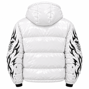 Custom <b>White</b> Puffer <b>Jacket</b> With Black Graphic Star Print Zipper Hooded Design Long Sleeve Winter Outerwear Warm - Product Image 2