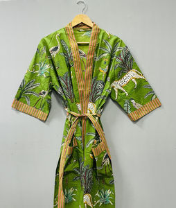 Cotton V-neck Kimono Robe Dressing Gown Block Print Front Bridesmaid Robe Drawstring Closure Sleeveless Summer <b>Nightwear</b> Soft - Product Image 3