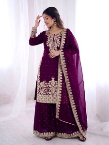 Nouvel ensemble haut en soie, pantalon palazzo et dupatta, avec broderie lourde et travail de sequins, entièrement cousu, prêt-à-porter - Product Image 6