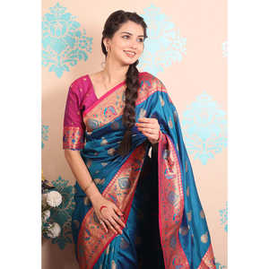 ผ้าไหมปาธานีสีน้ำเงินรามา ลายปักดิ้นทอง  น้ำหนัก 650 กรัม  ชุดอินเดียและปากีสถานสุดหรู - Product Image 4