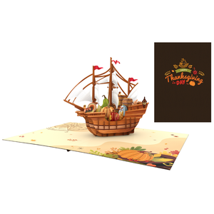Tarjeta de Felicitación 3D Pop-Up de Acción de Gracias al por Mayor con un Barco de Peregrinos y Elementos de Cosecha, Tarjeta de Felicitación 3D Hecha a Mano por Fabricante Vietnamita - Product Image 1