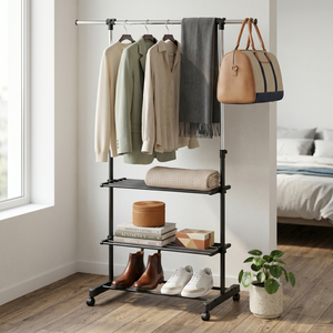 Porte-manteau autoportant moderne pour rangement domestique avec 3 étagères en acier, pour chambre à coucher, mobilier de maison, design minimaliste - Product Image 1