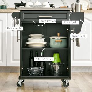 Carrello da Cucina Stile Antico con Piano in Acciaio Inox, Portaspezie, Isola in Legno Massello, Ruote in Metallo Nero, Design Moderno - Product Image 4