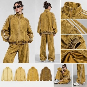 <b>Women</b> Gray Acid Wash Stand <b>Collar</b> Zip up Tracksuit Set Solid Loose Fit Streetwear Jacket and Pants Two Piece Casual Outfit - Product Image 4